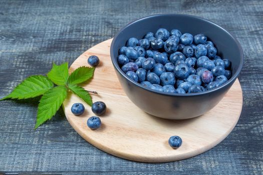 blueberry berry in dark gray ceramic bowl on wooden cutting board on dark blue wooden background.