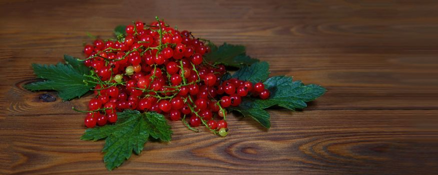 red currant berries on a rustic wooden background. close up and selective focus