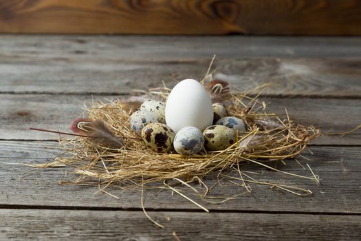 Quail eggs in a makeshift nest made of straw on a wooden background