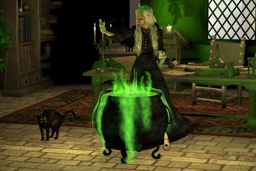 A witch considers whether or not to put Toad Phlegm juice into her green cauldron brew as a black cat gets freaked out.