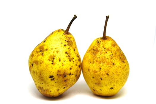 Two beautiful yellow pears on a white background. Two yellow pears with black dots isolated on white background.