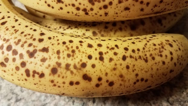 ripe banana fruit with spots on peel on counter
