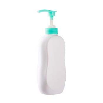 White plastic pump soap bottle container for cream, liquid soap, lotion, and shampoo product blank no label in the bathroom, studio shot isolated on over white background