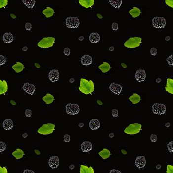 Falling Bramble Seamless pattern. Fresh Falling blackberry seamless pattern. Square pattern with fresh wild berries isolated on black background. flat lay.