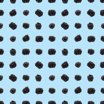 Bramble Seamless pattern. Fresh blackberry seamless pattern. Square pattern with fresh wild berries isolated on blue background. flat lay.