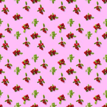 Lingonberry seamless pattern on pink background. Fresh cowberries or cranberries with leaves as seamless pattern for textile, fabric, print or posters