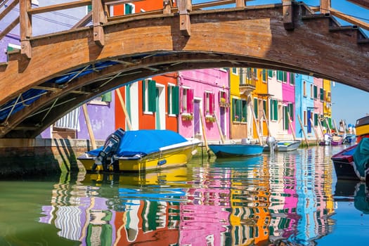 Colorful houses in downtown Burano, Venice, Italy with clear blue sky