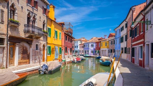 Colorful houses in downtown Burano, Venice, Italy with clear blue sky