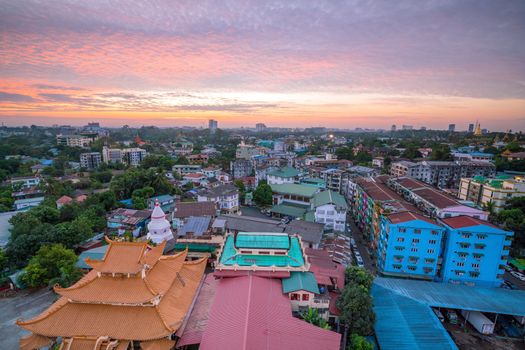 Yangon skyline in Myanmar with beautiful sunset