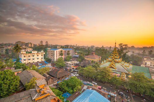 Yangon skyline in Myanmar with beautiful sunset