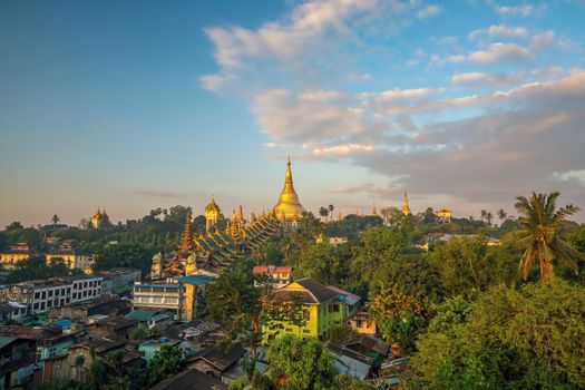 Yangon skyline with Shwedagon Pagoda in Myanmar with beautiful  blue sky