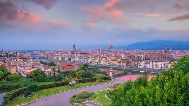 View of Florence skyline from top view in Italy at sunset