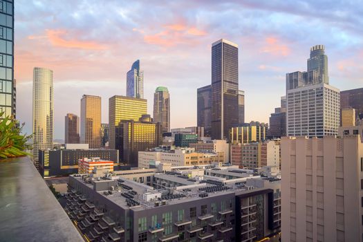 Beautiful sunset of Los Angeles downtown skyline in CA, USA