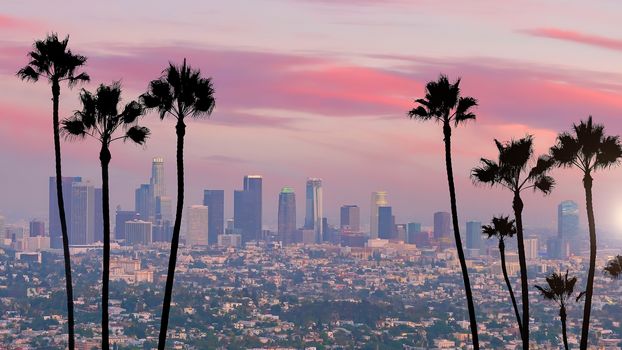 Beautiful sunset of Los Angeles downtown skyline in CA, USA