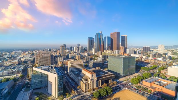 Beautiful sunset of Los Angeles downtown skyline in CA, USA