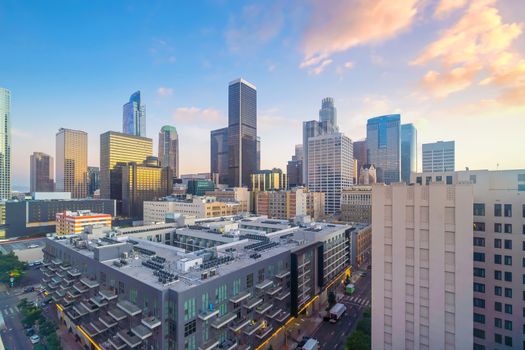 Beautiful sunset of Los Angeles downtown skyline in CA, USA