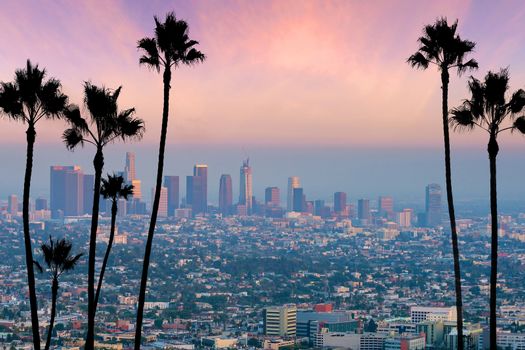 Beautiful sunset of Los Angeles downtown skyline in CA, USA