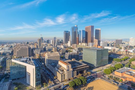 Beautiful sunset of Los Angeles downtown skyline in CA, USA