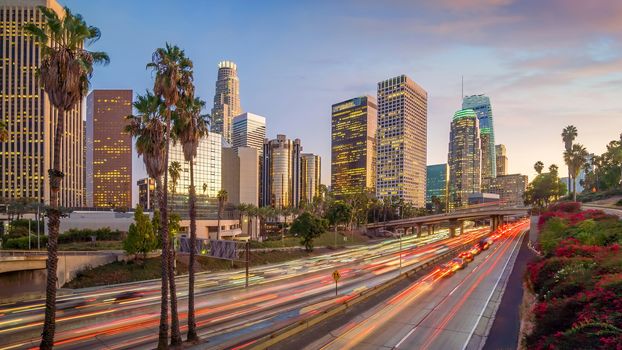 Beautiful sunset of Los Angeles downtown skyline in CA, USA