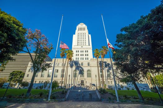 Historic Los Angeles City Hall with blue sky in CA USA