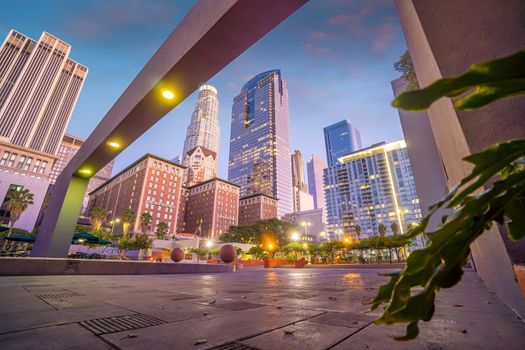 Beautiful sunset of Los Angeles downtown skyline in CA, USA