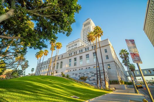 Historic Los Angeles City Hall with blue sky in CA USA
