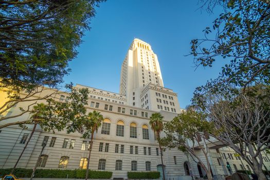 Historic Los Angeles City Hall with blue sky in CA USA