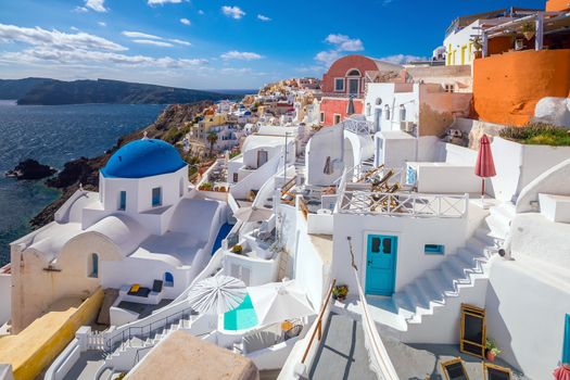 Oia town cityscape at Santorini island in Greece. Aegean sea