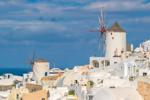 Oia town cityscape at Santorini island in Greece. Aegean sea