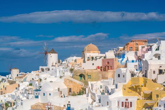 Oia town cityscape at Santorini island in Greece. Aegean sea