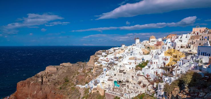 Oia town cityscape at Santorini island in Greece. Aegean sea