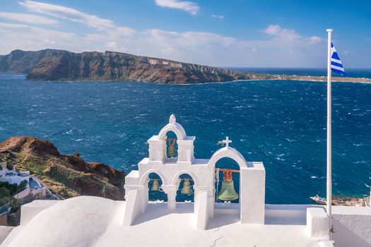 Oia town cityscape at Santorini island in Greece. Aegean sea