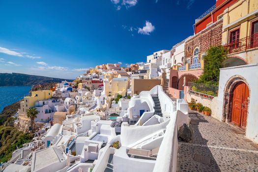 Oia town cityscape at Santorini island in Greece. Aegean sea