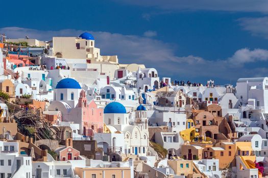 Oia town cityscape at Santorini island in Greece. Aegean sea