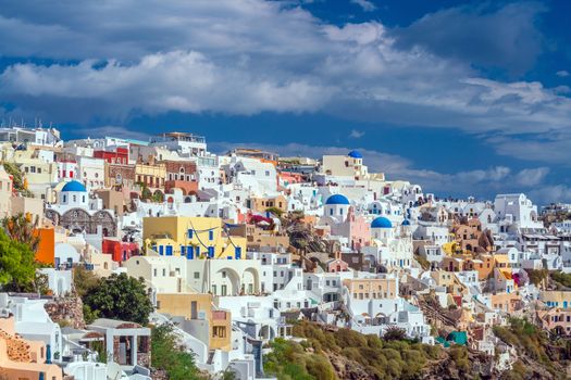 Oia town cityscape at Santorini island in Greece. Aegean sea