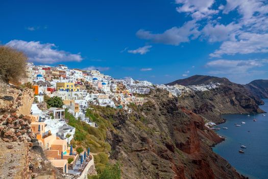 Oia town cityscape at Santorini island in Greece. Aegean sea