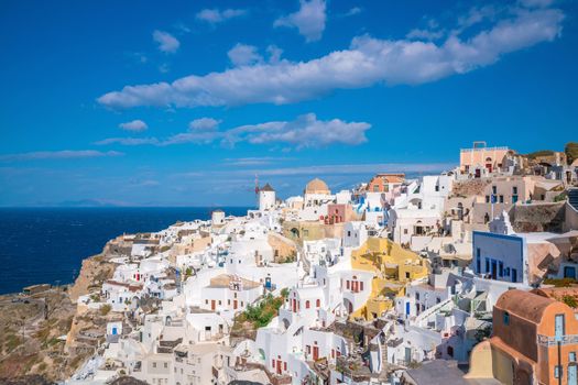 Oia town cityscape at Santorini island in Greece. Aegean sea