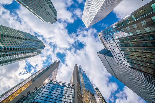 Looking up shot of downtown financial district with skyscrapers in  Toronto Canada.