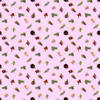 christmas seamless patterns with Pine cones wine cork and lingonberry. pattern christmas seamless on a pink backdrop. Realistic photo collage. Print for paper, fabric, wallpaper.