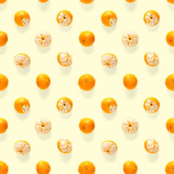 Fresh mandarin Seamles pattern. Ripe fruit tangerines seamless pattern. Fresh citrus isolated on yellow background pattern. Flat lay of Clementine. Mandarine modern tropical seamless background.