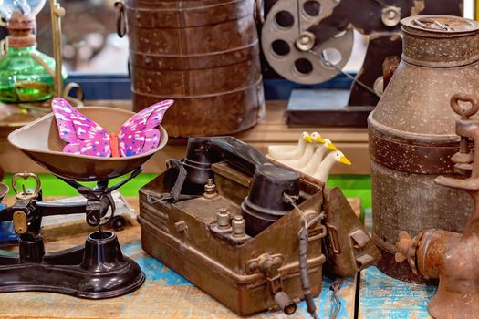 Vintage telephone, scales and milk pail surrounded by other items from yesteryear on display