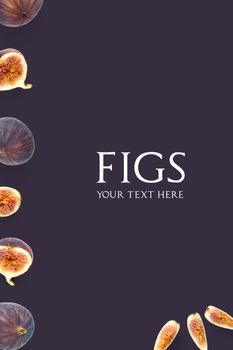 Creative layout of Fresh ripe figs. Food Photo. trendy modern collage of Fig with sample text. Figs on a white background with space for text copy space.
