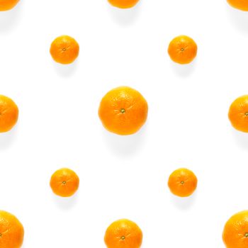 Fresh mandarin Seamles pattern. Ripe fruit tangerines seamless pattern. Fresh citrus isolated on white background pattern. Flat lay of Clementine. Mandarine modern tropical seamless background.