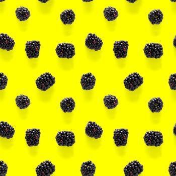 Bramble Seamless pattern. Fresh blackberry seamless pattern. Square pattern with fresh wild berries isolated on yellow background. flat lay.