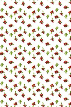 Lingonberry background on white backdrop. Fresh cowberries or cranberries with leaves as autumn or christmas background