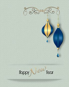Elegant luxury Christmas 2021 New Year design with hanging blue gold baubles, gold text Happy New Year on pastel green background. Xmas Card, invitation, menu, flyer, header. Copy space. 3D render