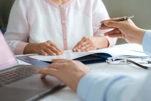 Doctor talking to patient hands closeup. Diagnostic, prevention of women diseases, healthcare, medical service and consultation