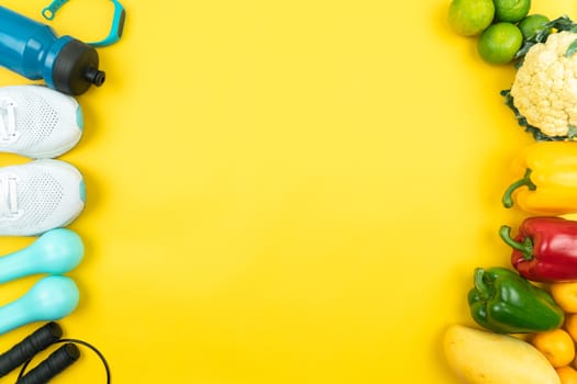 Healthy lifestyle, food and sport concept. athlete's equipment and fresh fruit and vegetable on yellow background.