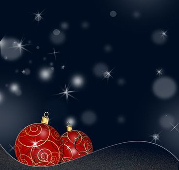 Beautiful red shiny Christmas border of baubles balls on bokeh blue background. 3D illustration