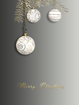 2021 year, Christmas festive greeting card. Golden decoration ornament with Christmas white gold balls on grey pastel background. Text Merry Christmas. 3D render